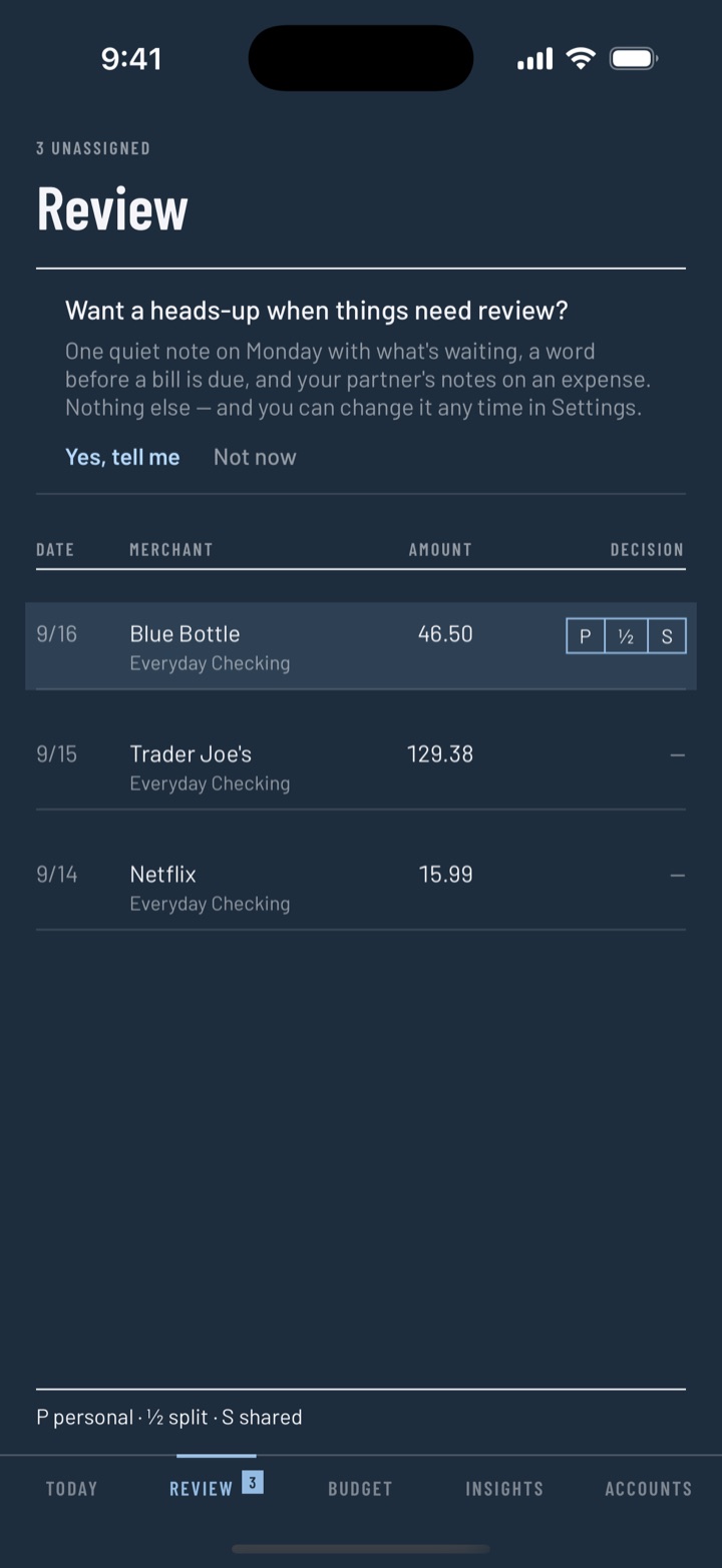 The Review tab: three unassigned bank charges in a table, the first highlighted with a three-way control for personal, half or shared, above a card offering optional notifications.